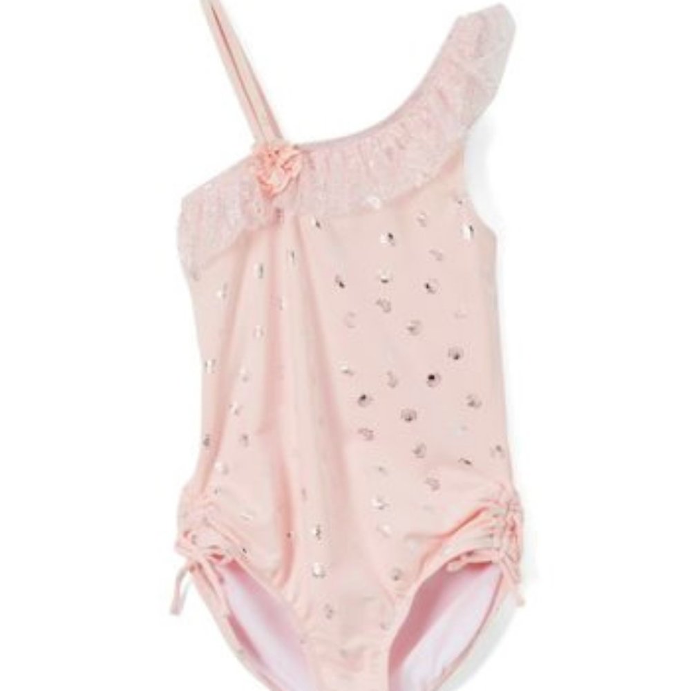 Kate Mack Pink Dot Ruffle Off-Shoulder One-Piece - 2T